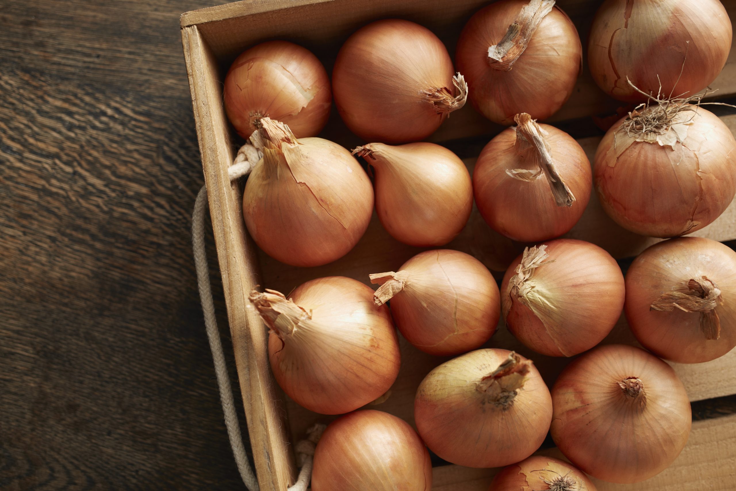 Overhead view of fresh onions in wooden crate